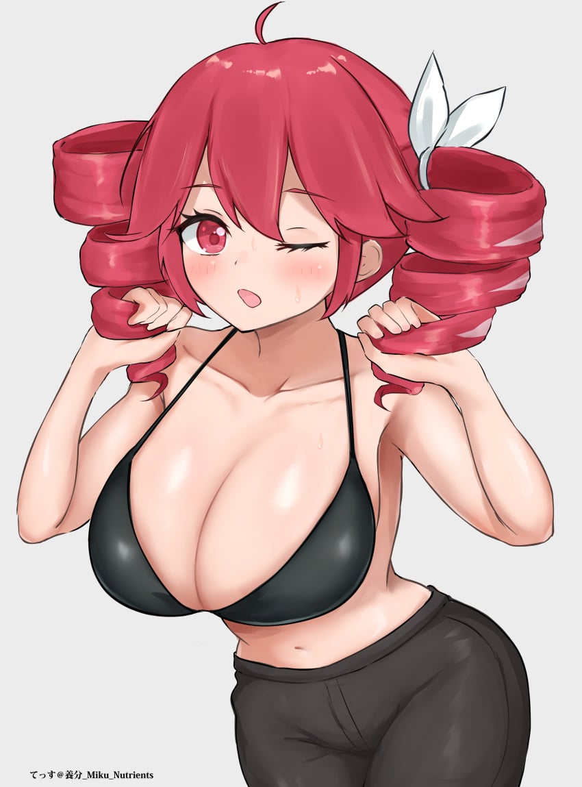 1girls 2d 2d_(artwork) ahoge artist_request big_breasts bra breasts cleavage exposed_midriff female female_only grey_background hair_ornament hairbow huge_breasts kasane_teto kasane_teto_(sv) large_breasts navel no_shirt one_eye_closed open_mouth pants red_eyes red_hair shiny_skin solo solo_female synthesizer_v twin_drills utau