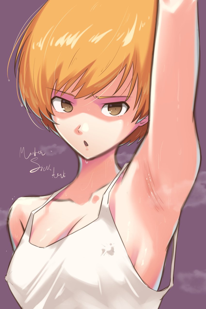 1girls armpits arms_up atlus female glare mastersickart persona persona_4 presenting_armpit satonaka_chie short_hair sweat sweaty tomboy