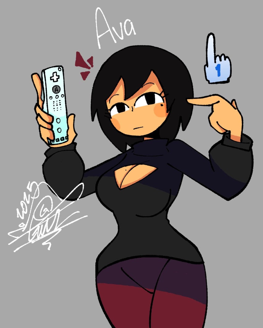1girls artist_request artist_signature ava_(gazoogaloo) black_eyes black_hair black_sweater black_turtleneck black_turtleneck_sweater breasts burgundy_pants cleavage cleavage_cutout cursor female gray_background grey_background large_breasts long_sleeves looking_at_viewer mii mole mole_on_breast mole_under_eye nintendo oc pants short_hair simple_background sweater turtleneck turtleneck_sweater wii wii_remote