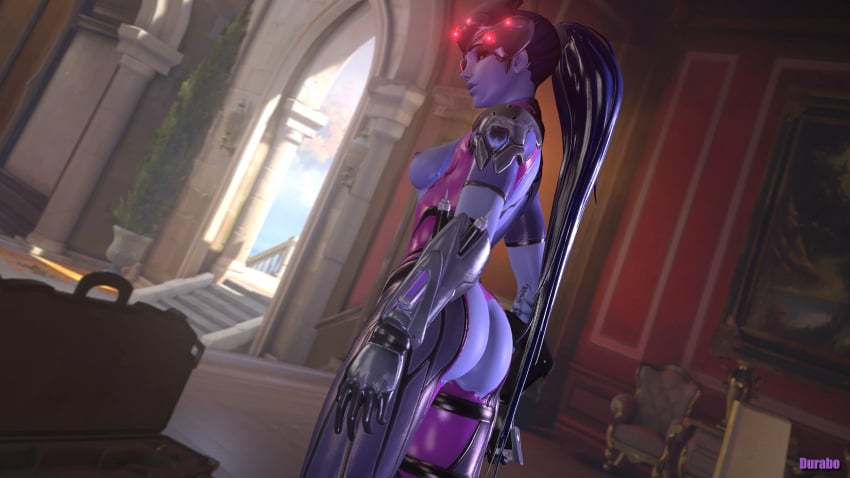 1girls 3d ass ass_cutout blue-skinned_female blue_skin breasts breasts_out cat_suit dark_hair durabo female long_hair overwatch solo standing standing_female widowmaker
