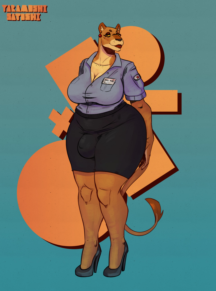 absurd_res anthro ass big_breasts big_butt breasts bulge clothing felid female futanari gynomorph hi_res intersex lion mammal mature_female pantherine solo uniform yaramoshi_satoshi yasu_(yaramoshi_satoshi)