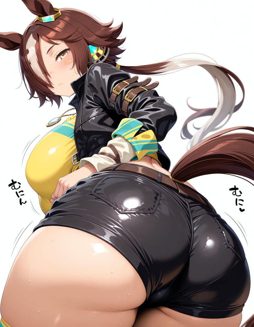 ai_generated animal_ears ass blue_eyes brown_hair costume earrings female hair_covering_eye highlights_hairs horse_girl solo umamusume umamusume_pretty_derby vodka_(umamusume)