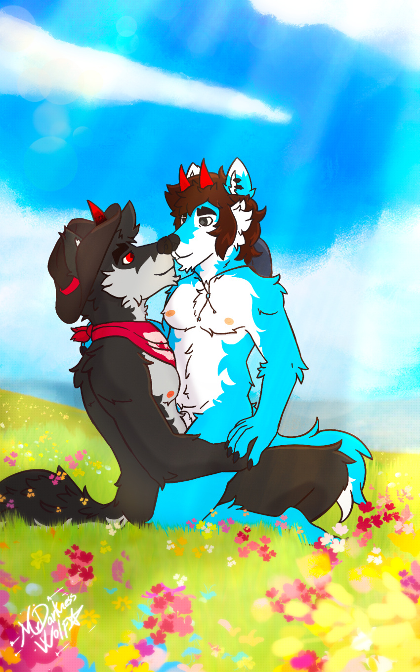 5:8 canid canine canis clothing cowboy_hat dantalos demon duo flower_field hat headgear headwear hi_res hybrid male male/male mammal mrdarknesswolf mrdarknesswolf_(character) nose_to_nose nude sunbathing tasteful_nudity wolf