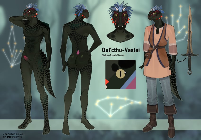 anthro argonian ass balls belt belt_pouch blue_feather_hair boots clothed clothed_male clothing constellation facial_markings footwear freakster genitals green_body head_markings hi_res horn humanoid_genitalia humanoid_penis male markings melee_weapon microsoft multiple_angles nude nude_male penis qul&#039;cthu-vastei ring_pommel scalie scar shirt shoes solo sword tail the_elder_scrolls topwear tunic weapon yellow_sclera
