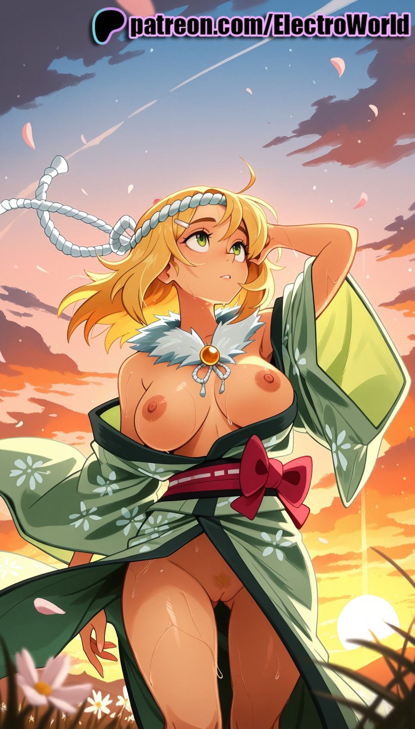 1girls 2025 ai_generated artist_name blonde_hair breasts breasts breasts bust cherry_blossoms chest cloud dusk electroworld evening exposed_nipples female female_pubic_hair floral_print flower gradient_sky green_eyes hanabi_(senran_kagura) hi_res high_quality high_resolution highres japanese_clothes kimono moon mountainous_horizon naked_kimono nipples nipples_outside no_panties open_kimono orange_sky outdoors patreon patreon_username petals pubic_hair red_sky senran_kagura senran_kagura_(series) sky solo stable_diffusion sun sunrise sunset twilight watermark wide_sleeves wind