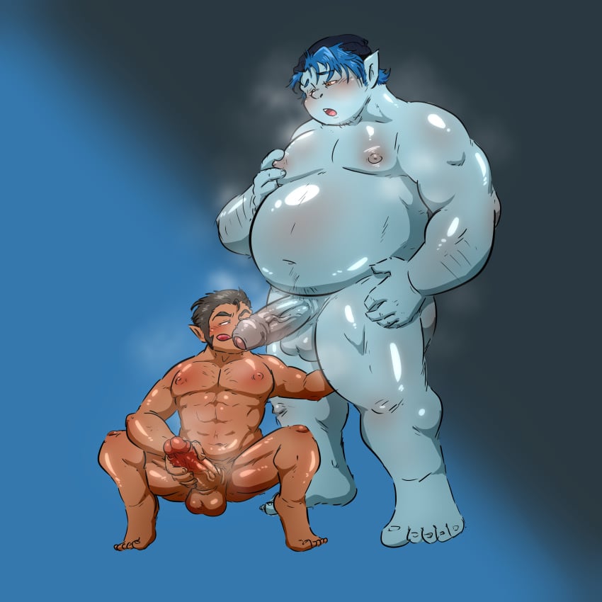 2boys abs balls barley_lightfoot beanie beanie_hat big_penis blue_body blue_hair blue_skin blush blush_lines brown_hair brown_hair_male chubby chubby_male critical_role critical_role:_vox_machina disney dungeons_and_dragons erect_penis erection foreskin genitals male male_only masturbating masturbation muscles muscular muscular_male nipples obese obese_male onward_(2020) pecs pectorals penis pixar samonaa2 scanlan_shorthalt size_difference testicles thick_thighs tongue tongue_out uncircumcised vein veins veins_on_dick