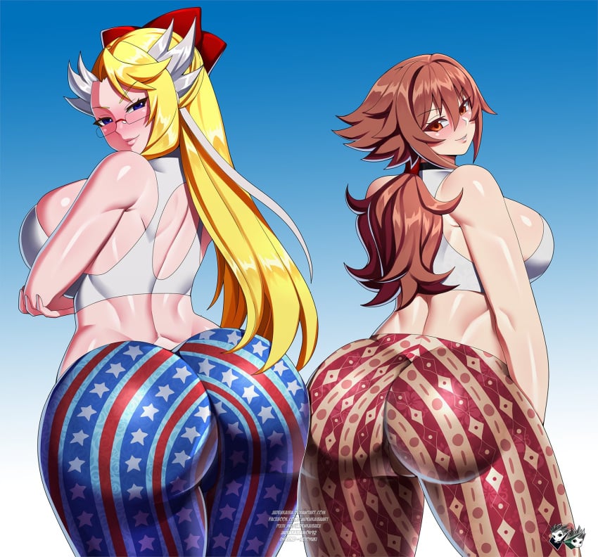 2girls ass back_view big_ass big_breasts blonde_hair blue_eyes blush breasts brown_hair bubble_butt dat_ass female female_only flare_pants forbidden_pants glasses hi_res jadenkaiba leggings long_hair looking_at_viewer looking_back looking_back_at_viewer meme narrowed_eyes oc orange_eyes original rear_view school_fight smiling smiling_at_viewer thick_ass thick_thighs tied_hair topwear yui_rakkuza