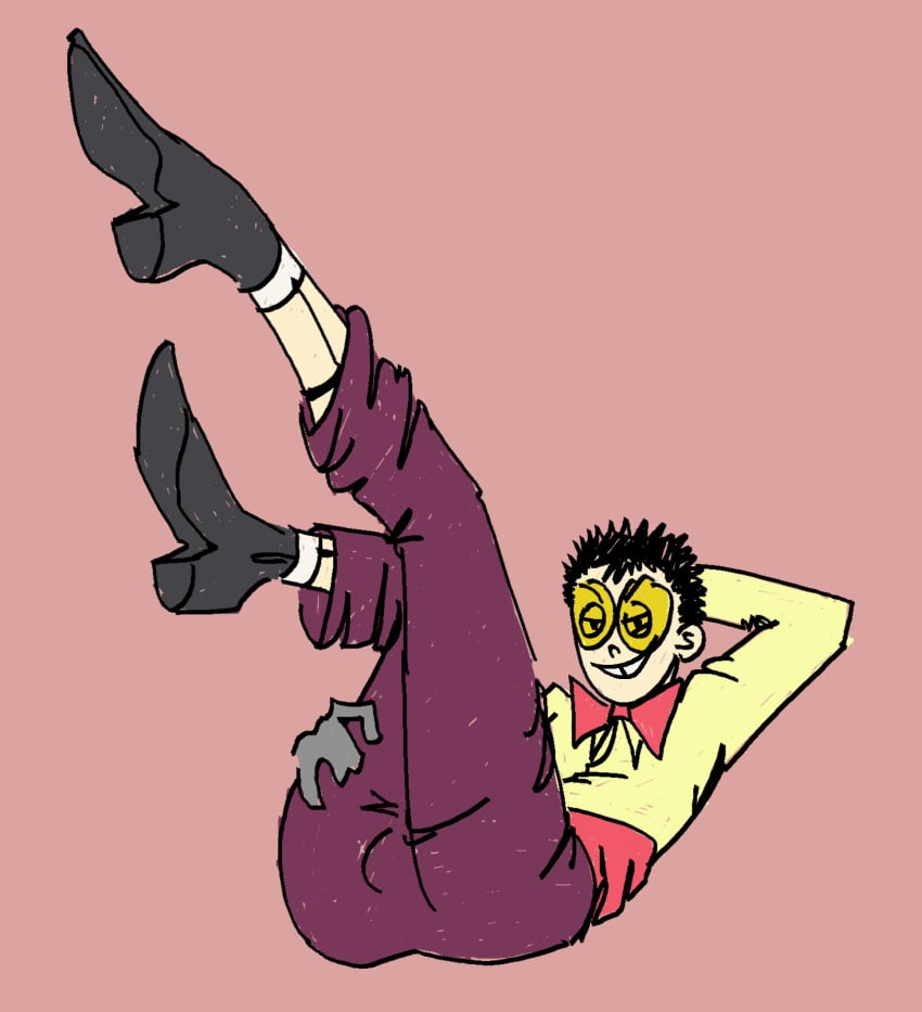 1boy ass ass_focus black_hair bow_tie glasses gloves heel_boots heeled_shoes heels heels_fetish looking_at_viewer male male_only playful_face short_hair skinny_male slim smile sock_garters solo_male superjail teeth teeth_gap the_warden these_mini_boots_are_mine