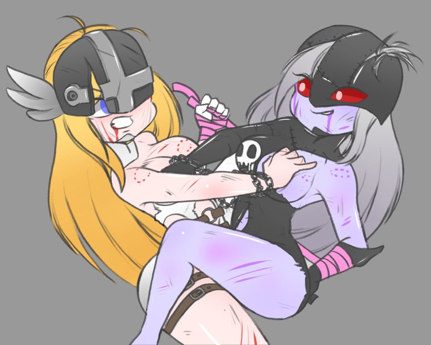 2girls angewomon angry angry_sex angry_tribadism bite_mark blonde_hair blood blue_eyes breast_grab breasts catfight digimon grey_background kinkan ladydevimon multiple_girls mutual_breast_grab red_eyes ripped_clothing rough_sex roughed_up scratches sex sexfight tribadism yuri