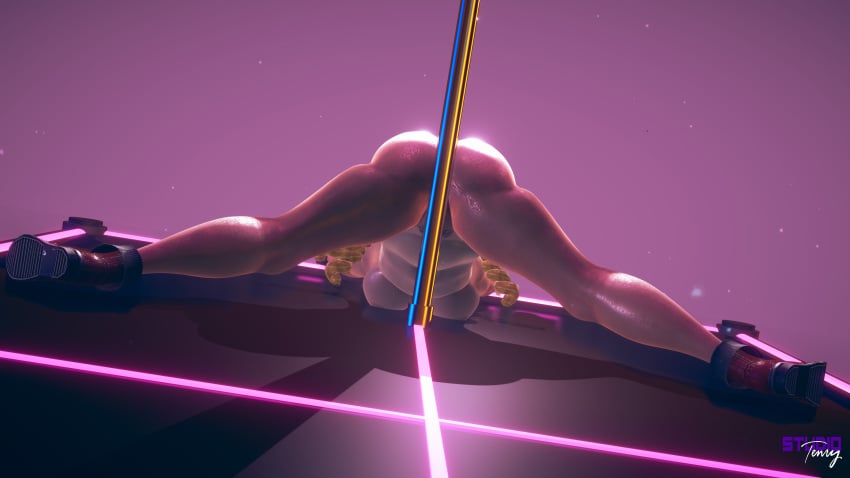 3d 3d_(artwork) 3dcg arched_back ass_focus big_ass boots capcom chubby drill_hair fat_ass female giant_ass highres karin_kanzuki naked oil oily on_stage plump pole pubic_hair pubic_hair_peek split splits spread_legs street_fighter stripper_pole studiotenry sweat thick_ass thick_thighs wet wet_skin