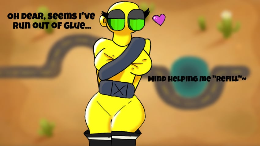 adhesa_(bloonifort) bloons_tower_defense btd6 end_of_the_road glue_gunner green_eyes latex talking_to_viewer thigh_boots yellow_suit