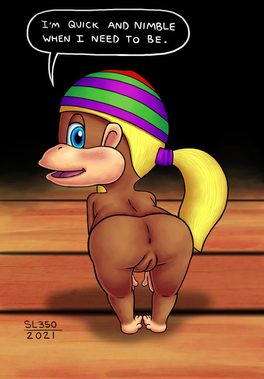 2021 ass beanie blonde_hair clothing donkey_kong_(series) donkey_kong_64 english_text female hair haplorhine hat headgear headwear hi_res looking_at_viewer mammal monkey monkey_girl nintendo nude ponytail presenting primate rareware sl350 smile solo speech_bubble text tiny_kong