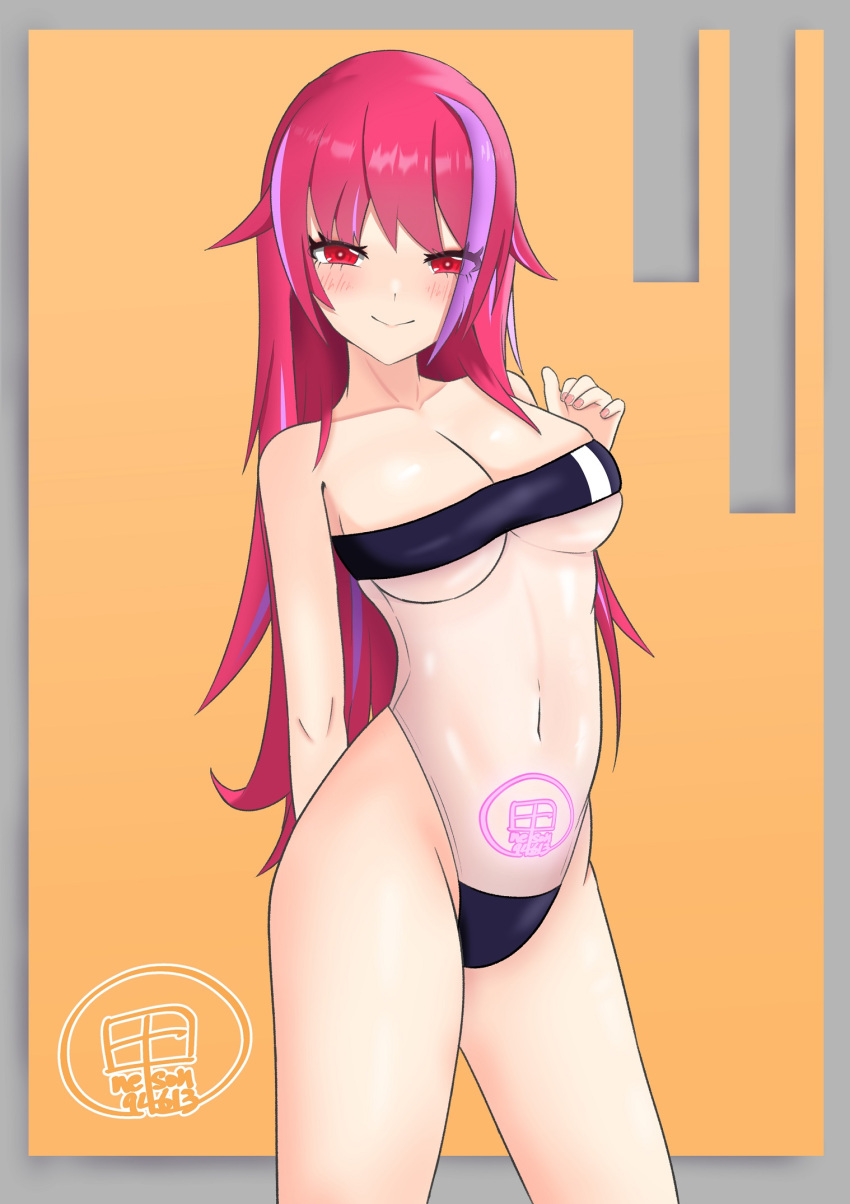 1girls almost_naked artist_name artist_signature blush blushing_at_viewer gris_swimsuit hand_behind_back long_hair looking_at_viewer lurenjia lurenjia(character) nelson94613 pubic_tattoo red_eyes red_hair simple_background smiling smiling_at_viewer swimsuit