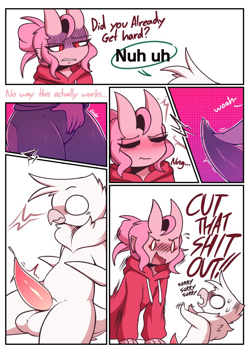 absurd_res angry animal_genitalia animal_penis anthro avian bird bodily_fluids bottomwear carrie_(giidenuts) clothed clothing comic demon demon_humanoid dialogue duo female genital_fluids genitals giidenuts hi_res horn horned_humanoid humanoid male male/female masturbation meme nervous no_nut_november penguin penis precum riley_(giidenuts) tapering_penis touching_penis vaginal_masturbation vaginal_penetration