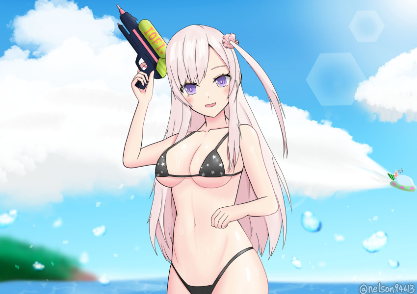 1girls airani_iofifteen artist_name artist_signature beach bikini black_bikini hololive hololive_indonesia hololive_indonesia_area_15 long_hair lurenjia nelson94613 pink_hair virtual_youtuber water_gun