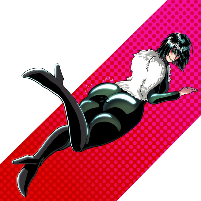 ass ass_in_dress big_ass big_butt biting_lip black_hair bob_cut boots bubble_butt dress dual_dragon fat_ass female fubuki_(one-punch_man) fur_coat green_eyes huge_ass huge_butt laying_down looking_back looking_pleasured necklace one-punch_man presenting_hindquarters short_hair sideboob thick_ass thick_thighs tight_clothing wide_hips