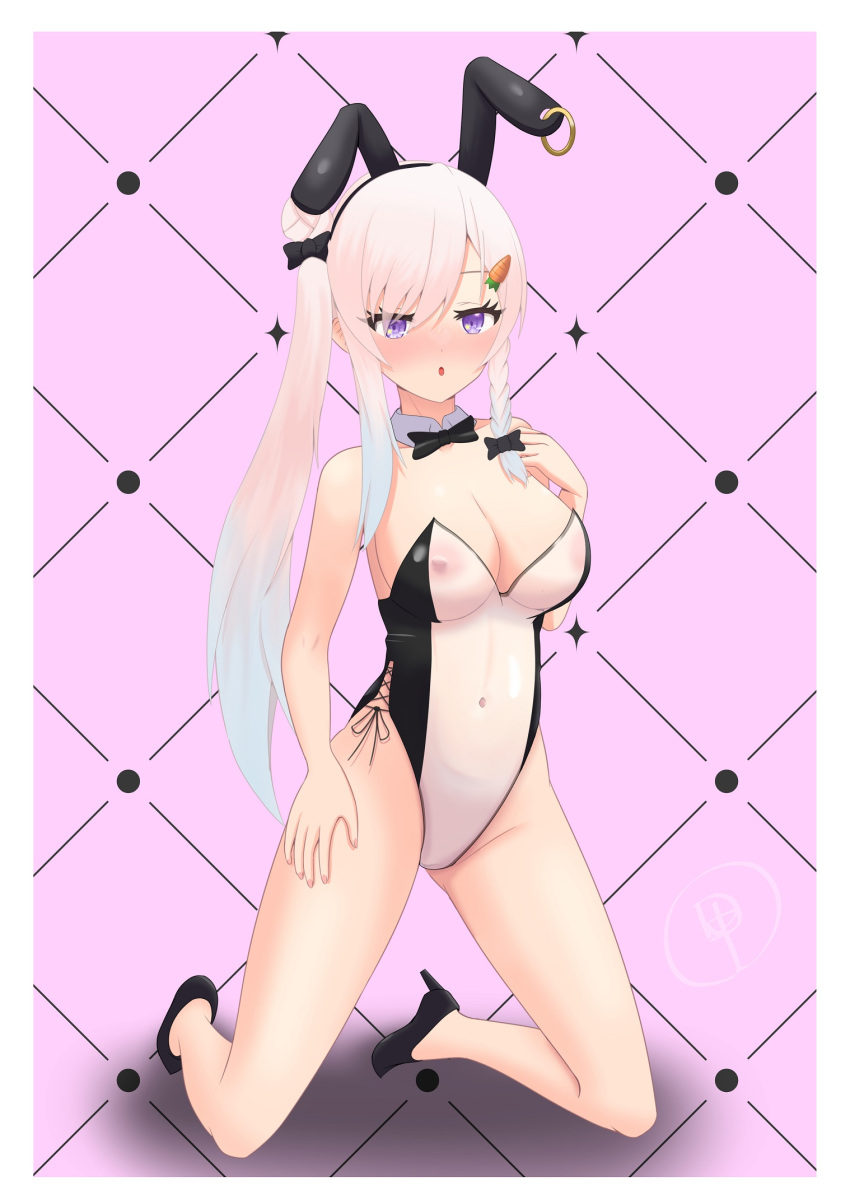 :o airani_iofifteen areolae artist_name artist_signature blush bunny_ears bunnysuit high_heels hololive hololive_indonesia hololive_indonesia_area_15 kneeling leotard lurenjia nelson94613 nipples_visible_through_clothing see-through_clothing transparent_bunnysuit transparent_clothing virtual_youtuber