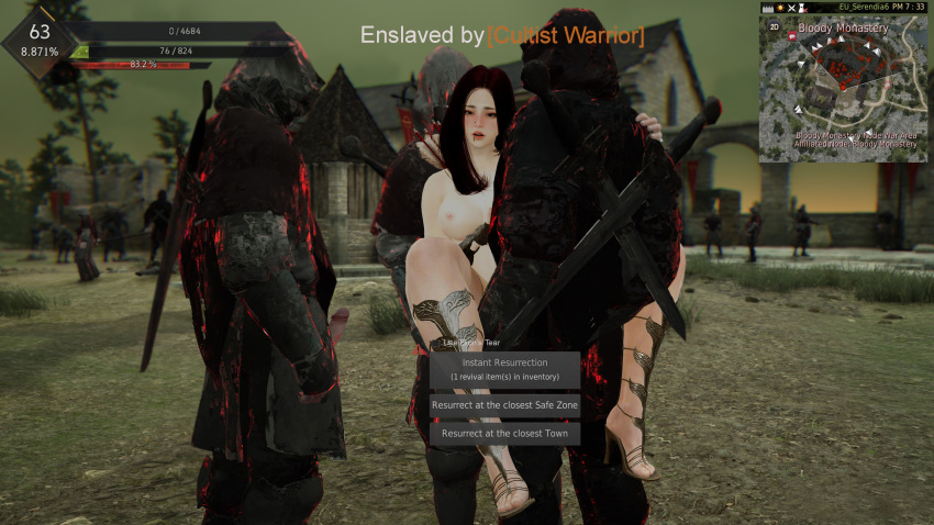 1girls 3boys almost_naked anal black_desert black_desert_online carrying cultist defeated double_penetration elf enslaved female game_over gangbang helpless high_heels lifting light_skin multiple_boys outdoors ranger rape red_hair red_lipstick vaginal_penetration