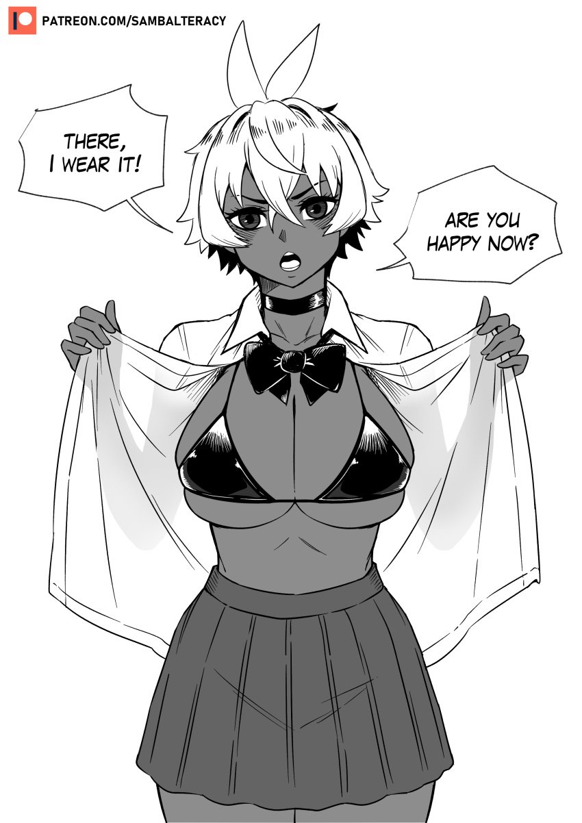 1girls big_breasts black_and_white bra breasts choker collarbone dark-skinned_female dark_skin english english_commentary english_text feet female female_only large_breasts looking_at_viewer open_mouth original original_character presenting presenting_breasts saki_(sambalteracy) sambalteracy school_uniform schoolgirl short_hair skirt solo solo_focus talons text text_bubble tomboy two_tone_hair upper_body