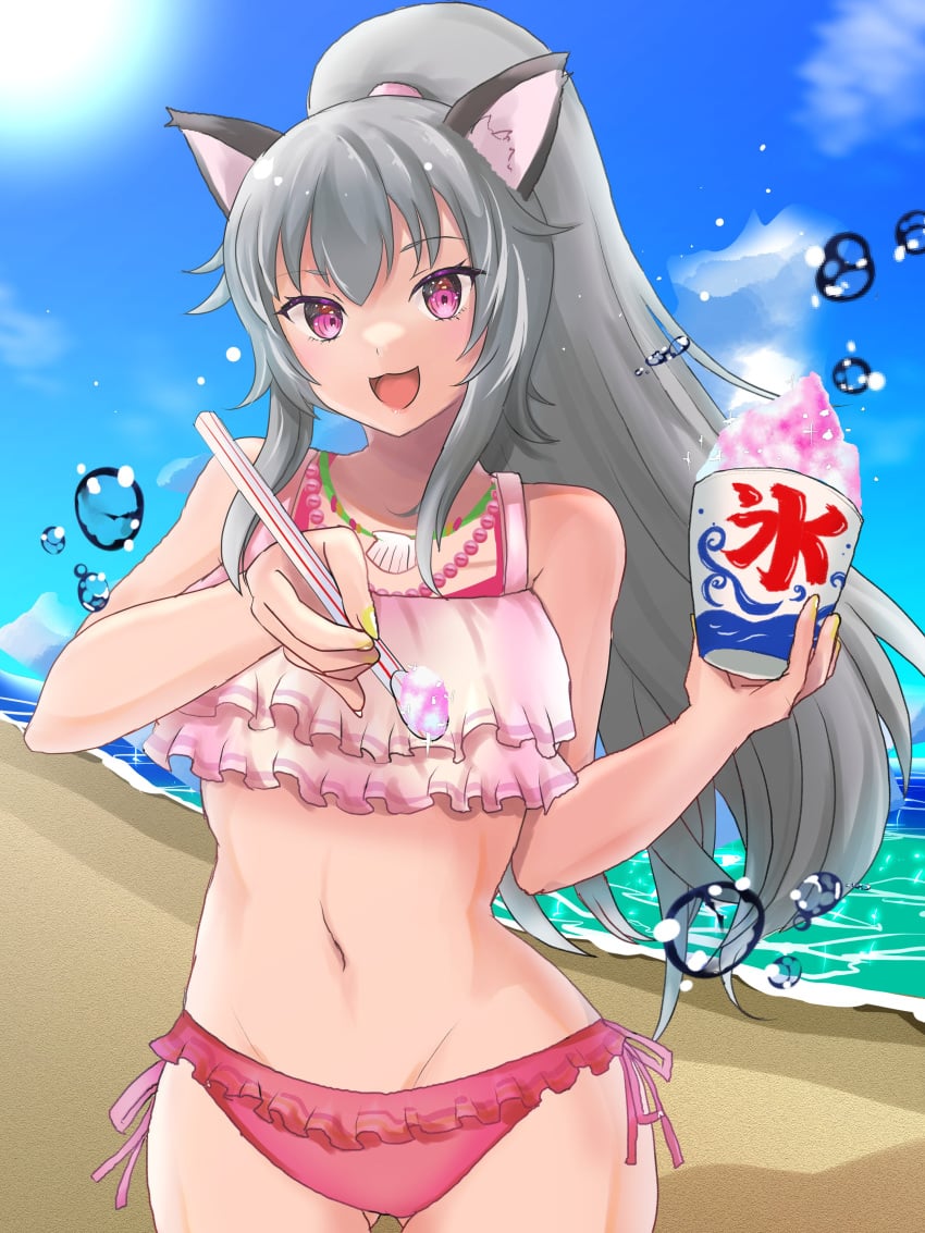 bikini cat_ears grey_hair holding_drinking_straw looking_at_viewer nays_naisu nemu_namakawa purple_eyes shaved_ice virtual_youtuber vtuber