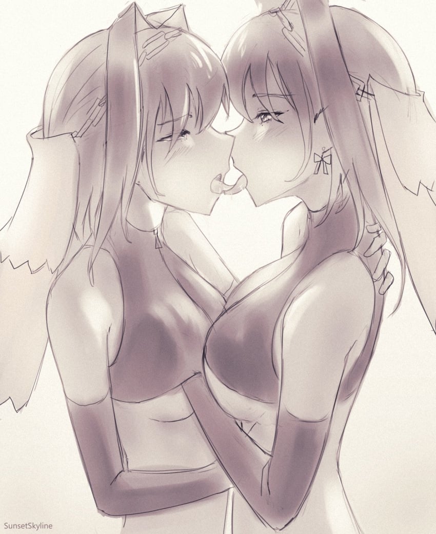 2girls fondling hololive hololive_english hololive_english_-council- hololive_english_-promise- kissing looking_at_partner monochrome ouro_kronii selfcest sunsetskyline virtual_youtuber yuri