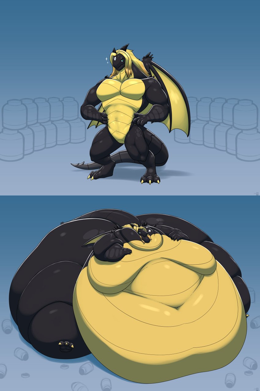 1boy anthro ass before_and_after belly belly_button belly_on_ground belly_overhang big_belly big_moobs blonde_hair bottle buff chunky claws dragon empty_bottle fat fat_arms fat_ass fat_folds fat_legs fat_man fat_neck fat_rolls feet feet_off_ground forehead_gem furry glistening hands_on_chest hands_on_hips hi_res horn horns immobile jug looking_at_viewer male male_boobs male_only man_boobs massive_belly membranous_wings moobs morbidly_obese_anthro morbidly_obese_male muscles muscular muscular_male muscular_to_fat obese obese_male overweight overweight_anthro overweight_male scales scalie smug_grin solo spiked_tail spikes spikes_(anatomy) thick_arms thick_legs too_big_to_move vantablackbox weight_gain wings