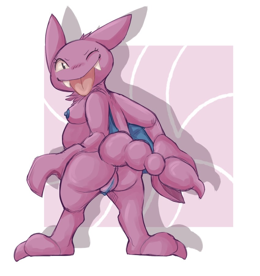 anthro anus areola ass barely_visible_anus belly biped blue_areola blue_nipples blue_pussy blush breasts digital_media_(artwork) dwarfism eyelashes fangs female generation_2_pokemon genitals gligar hi_res nintendo nipples one_eye_closed pokémon_(species) pokemon pokemon_(species) polarpandemonium purple_background purple_body pussy shadow simple_background slightly_chubby solo teeth tongue tongue_out winged_arms wings wink