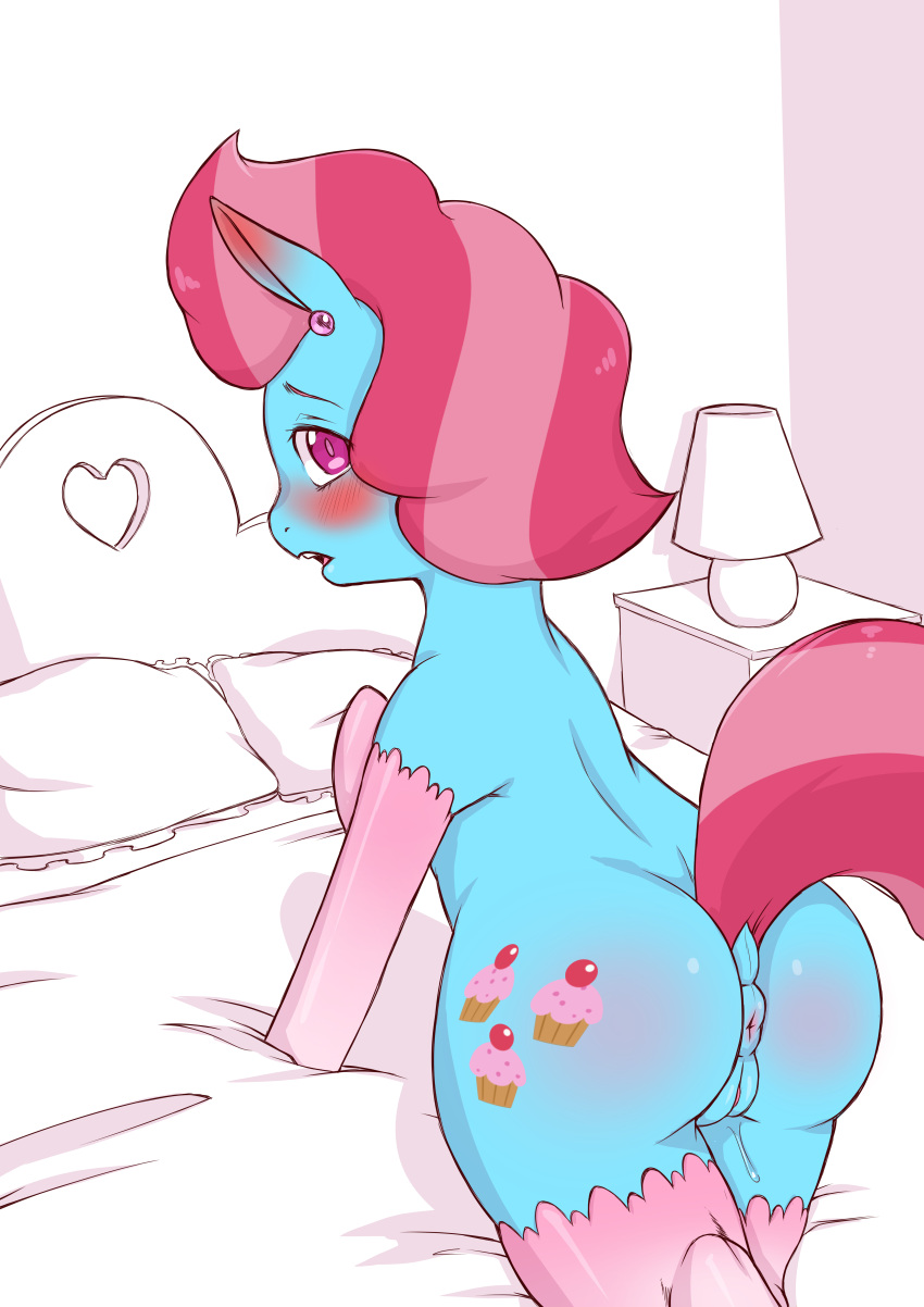 absurd_res anus ass big_butt blue_body bodily_fluids clothed clothed_feral clothing cold-blooded-twilight cup_cake_(mlp) equid equine female feral friendship_is_magic genital_fluids genitals hair hasbro hi_res legwear mammal mature_female my_little_pony pink_hair pussy pussy_juice solo thigh_highs