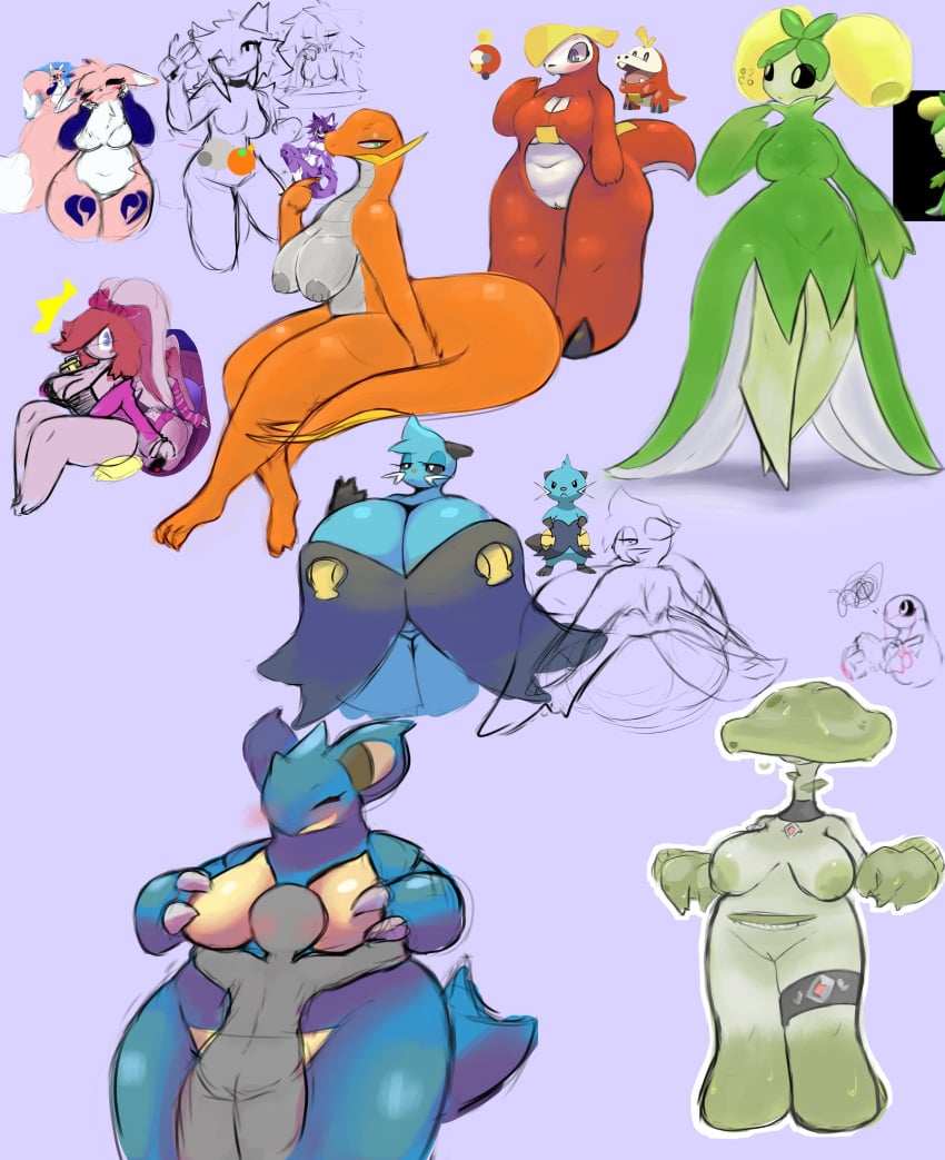 anthro artesjsc big_breasts breasts crossover dewott digimon digimon_(species) dolliv female fuecoco huge_breasts nidoqueen pokemon pokemon_(species) pokemon_sv renamon tagme