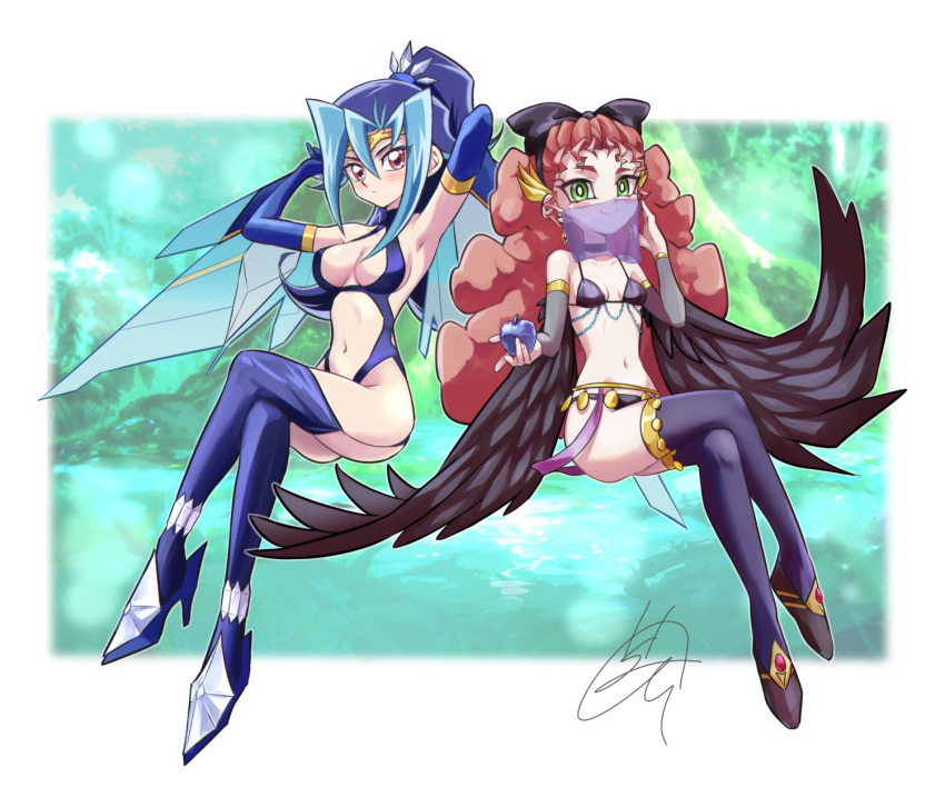 accessory apple armpits bikini blue_hair blush cosplay cya_mg female gloves green_eyes kamishiro_rio legwear leotard looking_at_viewer ponytail red_eyes rio_kamishiro sitting underwear yu-gi-oh! yu-gi-oh!_arc-v yu-gi-oh!_zexal