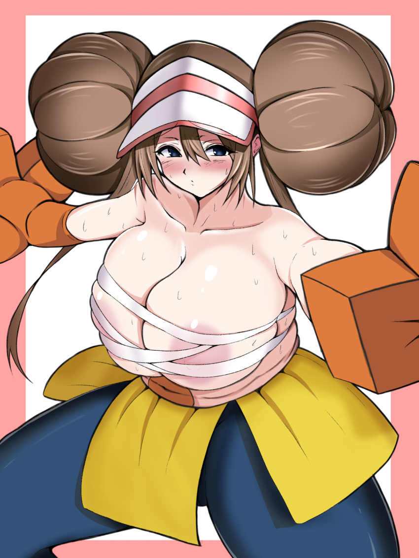 big_breasts black_eyes blush breasts brown_hair bursting_breasts cosplay double_bun female game_freak hair_bun hariyama_(cosplay) huge_breasts kia-shi large_breasts nintendo oversized_gloves pokemon pokemon_(cosplay) puffy_hair rosa_(pokemon) sarashi solo solo_female sweat twin_buns