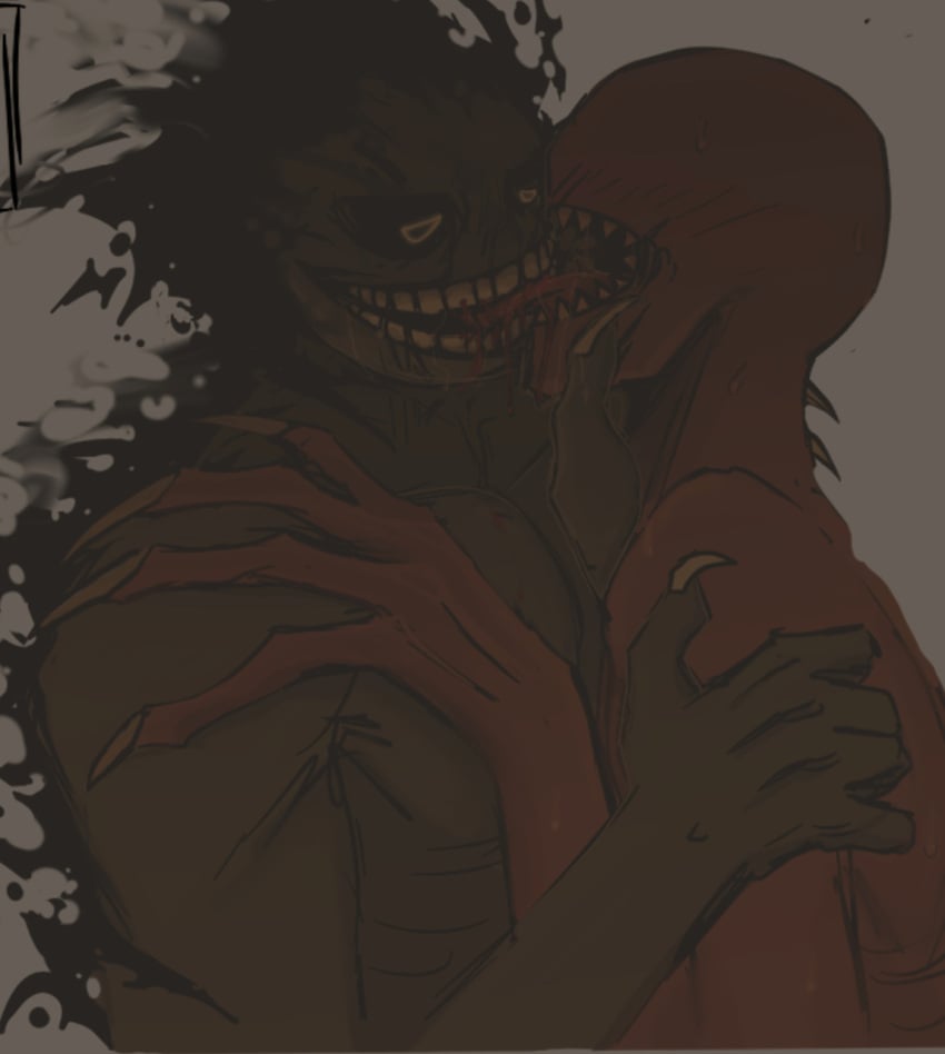 biting biting_tongue blind blood creepy_smile dark_skin doors_(roblox) embrace figure_(doors) looking_at_partner making_out monster roblox rush_(doors) smiling smiling_at_partner