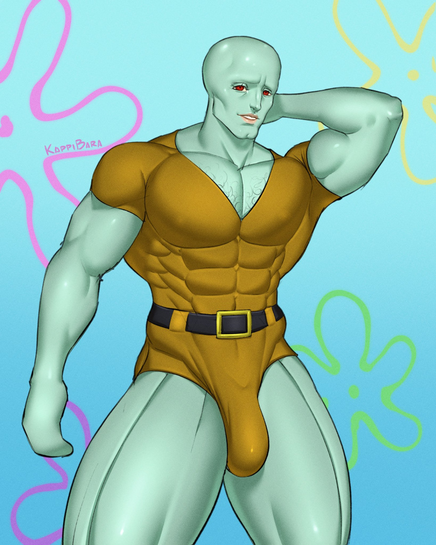 big_bulge blue_skin bulge cephalopod hairy_chest handsome_squidward huge_bulge kappibara male male_only muscles muscular muscular_male nickelodeon octopodiform octopus smooth_skin spongebob_squarepants squidward_tentacles