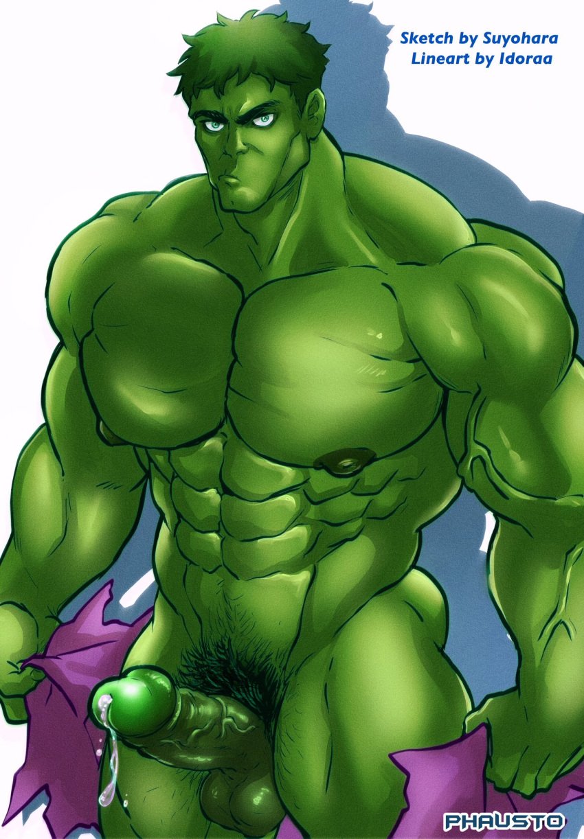 1boy artist_collab boner erect_penis erection green-skinned_male green_skin hard_on hulk hulk_(series) lilprincyvi looking_at_viewer male male_only marvel muscular muscular_male nude nude_male phausto precum precum_drip solo solo_male suyohara veiny_penis