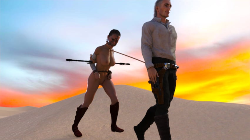 1boy arms_behind_back bit_gag bondage breasts captured defaultusername gagged jakku kneeling leading leash rey rope_around_neck shackles slave star_wars sweat tagme