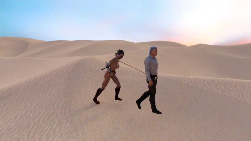 1boy arms_behind_back bit_gag bondage breasts captured defaultusername gagged jakku kneeling leading leash rey rope_around_neck shackles slave star_wars sweat tagme