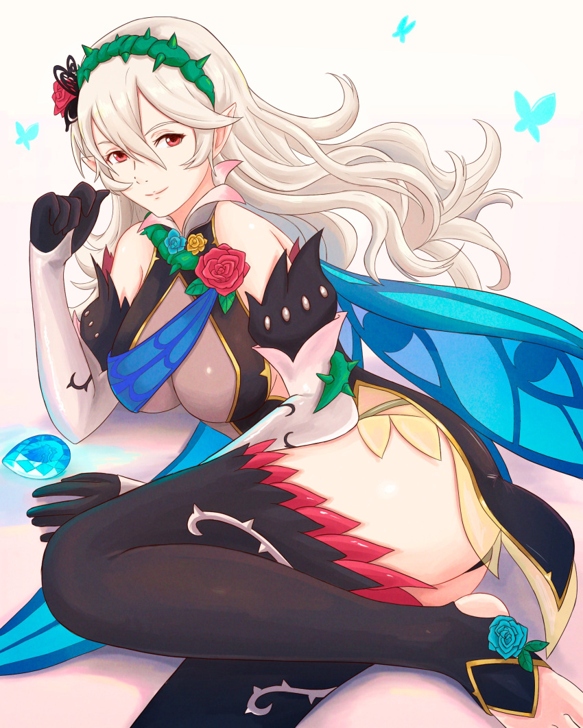 1girls absurdres alternate_costume ass bare_shoulders bare_thighs big_ass black_panties black_thighhighs breasts bug butterfly corrin_(female)_(fire_emblem) corrin_(female)_(resplendent)_(fire_emblem) corrin_(fire_emblem) corrin_(fire_emblem)_(female) dragonstone dress elbow_gloves english_commentary female female_only fire_emblem fire_emblem_fates fire_emblem_heroes flower gloves grey_hair hair_flower hair_ornament hairband highres inner_thighs large_breasts looking_at_viewer lying nintendo official_alternate_costume on_side panties pantyshot pointy_ears red_eyes rose see-through short_dress smile solo thighhighs thighs thorns toeless_legwear truejekart underwear upskirt white_background