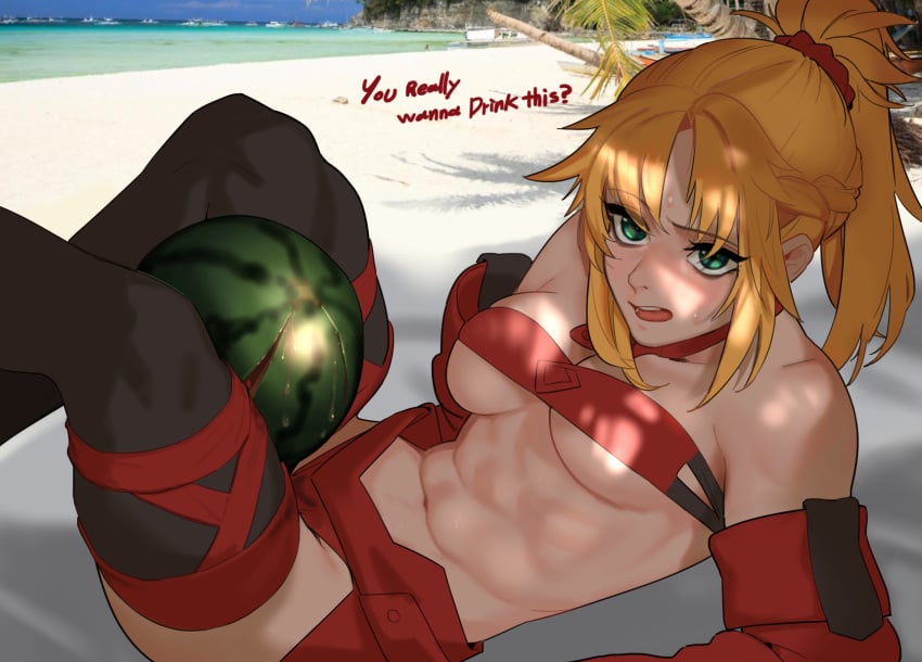 1girls arm_support athletic athletic_female bandeau beach black_thighhighs blush breasts english_text fate/grand_order fate_(series) food fruit green_eyes hair_ornament hair_scrunchie hi_res hirundo_rustica hong_doo looking_at_viewer medium_breasts mordred_(fate) navel on_back open_mouth outdoors ponytail red_scrunchie scrunchie solo sweat sweatdrop talking_to_viewer teeth thick_thighs thighhighs thighs toned tongue watermelon watermelon_crushing