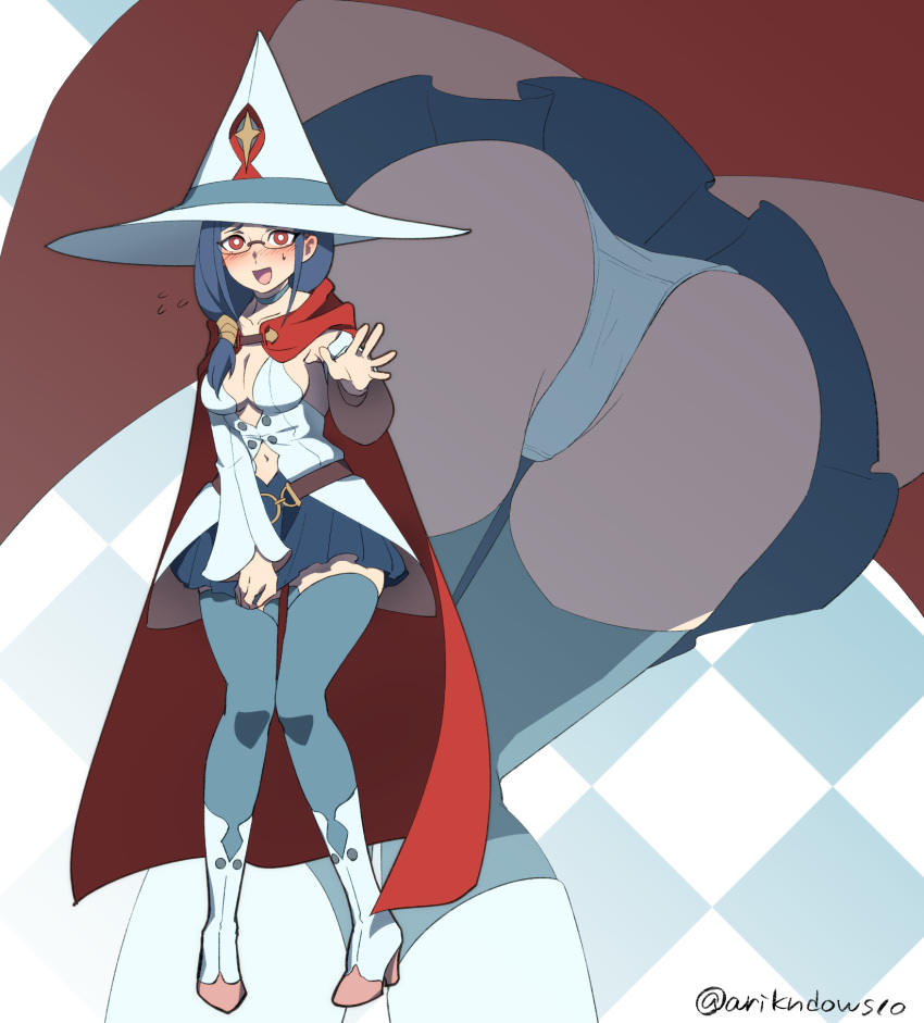 adapted_costume arikindows10 armpits ass blue_hair blue_thighhighs boots breasts cape cleavage crotch_seam detached_sleeves dress female flying_sweatdrops from_below full_body glasses hat high_heel_boots high_heels highres large_breasts little_witch_academia long_hair looking_at_viewer miniskirt multiple_views navel panties pleated_skirt red_cape shiny_chariot skirt skirt_hold skirt_tug spoilers standing sweatdrop thighhighs twitter_username underwear upskirt ursula_callistis white_dress white_footwear witch_hat zettai_ryouiki