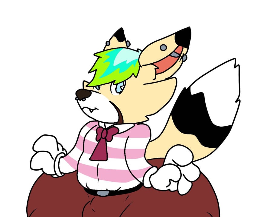 100acrew big_ass big_butt crimson_pants devon_velvet fat_ass femboy fennec green_hair male male_only piercings striped_clothing striped_tail stripes yellow_fur