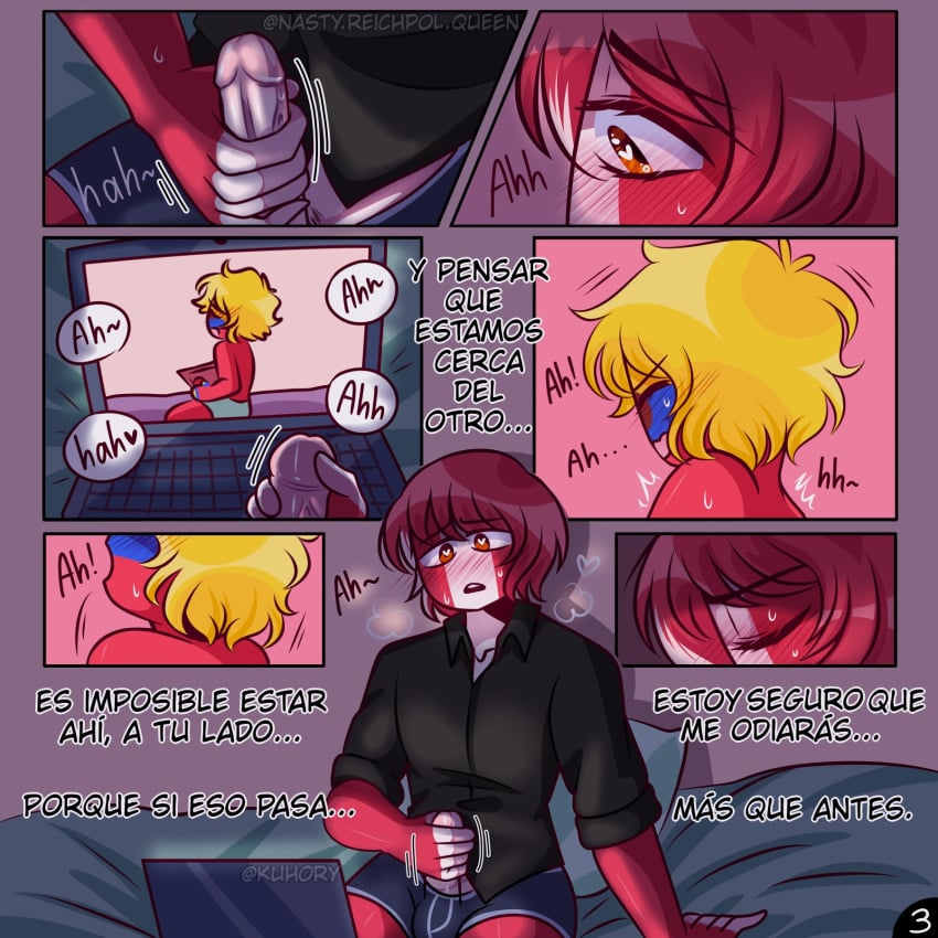 2boys anthro clothing comic countryhumans ecuador_(countryhumans) heart-shaped_pupils kuhory masturbation page_3 peru_(countryhumans) red_hair short_hair spanish_text tagme text yellow_hair