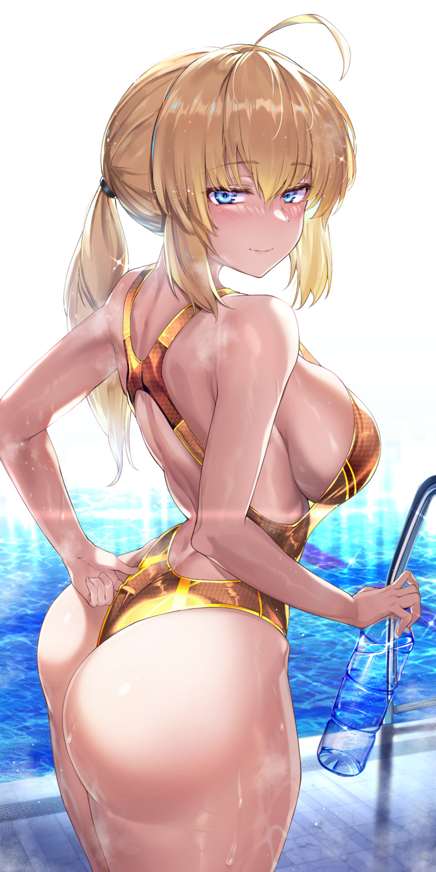 1girls absurd_res alternate_costume artoria_pendragon ass back bare_shoulders blonde_hair blue_eyes blush bottle breasts competition_swimsuit fate/grand_order fate/stay_night fate_(series) female female_focus from_behind hirasawa_seiji huge_ass large_breasts looking_at_viewer looking_back low_ponytail one-piece_swimsuit ponytail pool poolside saber shiny_skin short_ponytail sideboob sidelocks smile solo standing swimsuit thick_thighs two-tone_swimsuit water_bottle water_drop wet wet_clothes wet_swimsuit