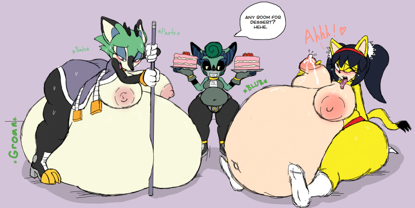 3girls black_eyes breast_grab cake cassia_the_pronghorn chubby chubby_female clove_the_pronghorn cyborg feline female forced_feeding green_fur honey_the_cat huge_belly huge_breasts laying_on_stomach multiple_girls open_shirt sonic_(series) sonic_the_hedgehog_(archie) sonic_the_hedgehog_(comics) sonic_the_hedgehog_(series) staff stuffed stuffed_belly stuffing underwear_only ungulate yellow_fur zildtek