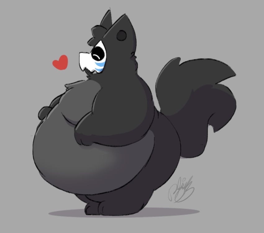 1boy anthro belly belly_button belly_overhang big_belly black_fur boxofblink bushy_tail canine changed_(video_game) chubby chubby_male cilic_(boxofblink) closed_eyes dark_latex fat fat_arms fat_folds fat_legs fat_man fat_rolls fur furry fuzzy goo_creature happy heart latex latex_creature male male_boobs male_only markings moobs oc overweight overweight_male paws side_view skull skull_face solo tail thick_legs wide_hips wolf