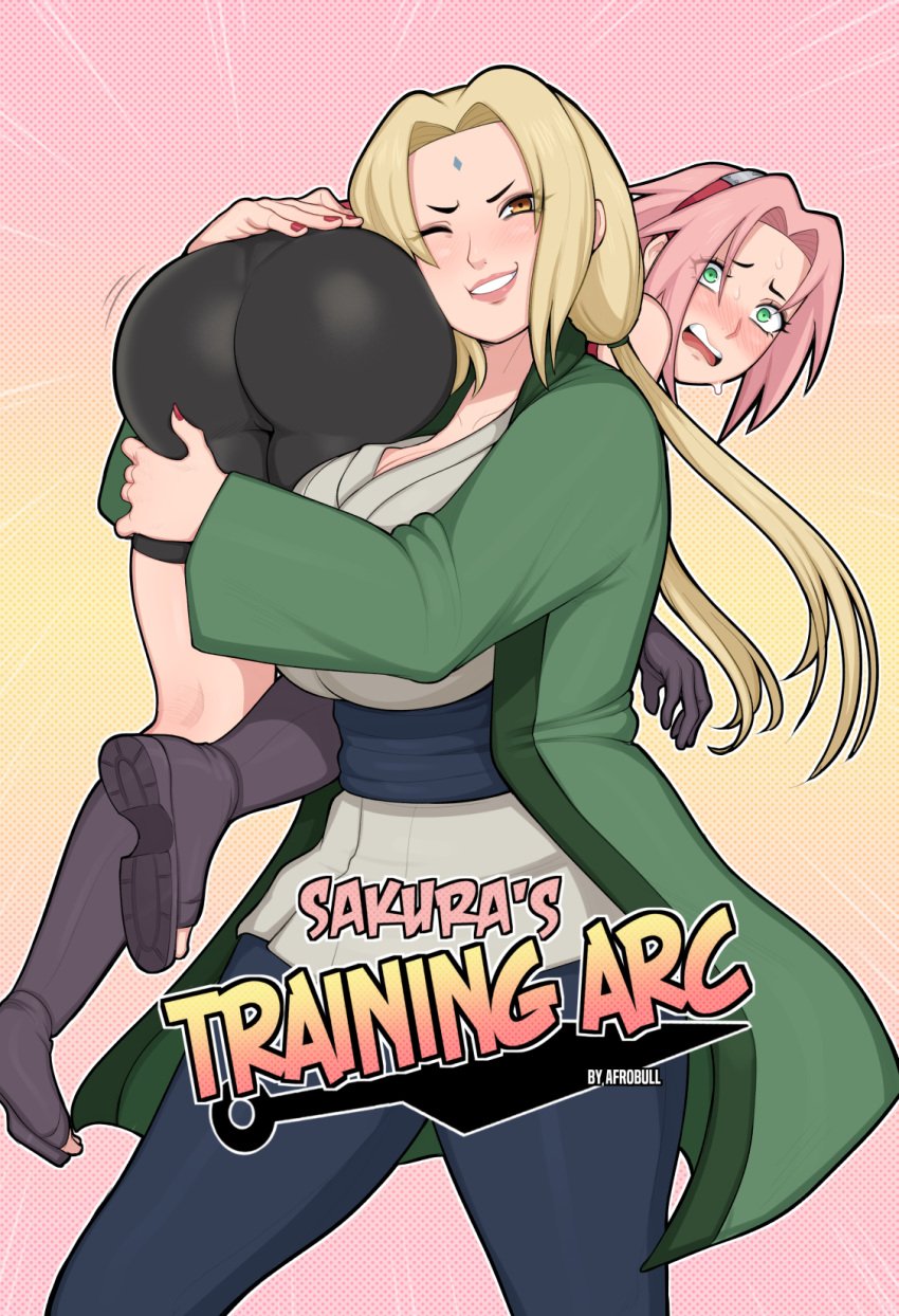 2girls afrobull age_difference ass ass_grab ass_up before_sex big_ass bike_shorts blush carrying carrying_over_shoulder carrying_partner carrying_person comic_cover embarrassed facial_mark female female_only forehead_mark fully_clothed gloves green_eyes grin grinning hairband highres holding japanese_clothes kimono long_hair long_sleeves mature mature_female multiple_girls naruto naruto_(series) naruto_shippuden older_female older_woman_and_teenage_girl one_eye_closed open_mouth pink_hair red_hairband red_nails round_ass sakura_haruno sash smile teacher_and_student tsunade twintails voluptuous wavy_mouth young younger_female yuri