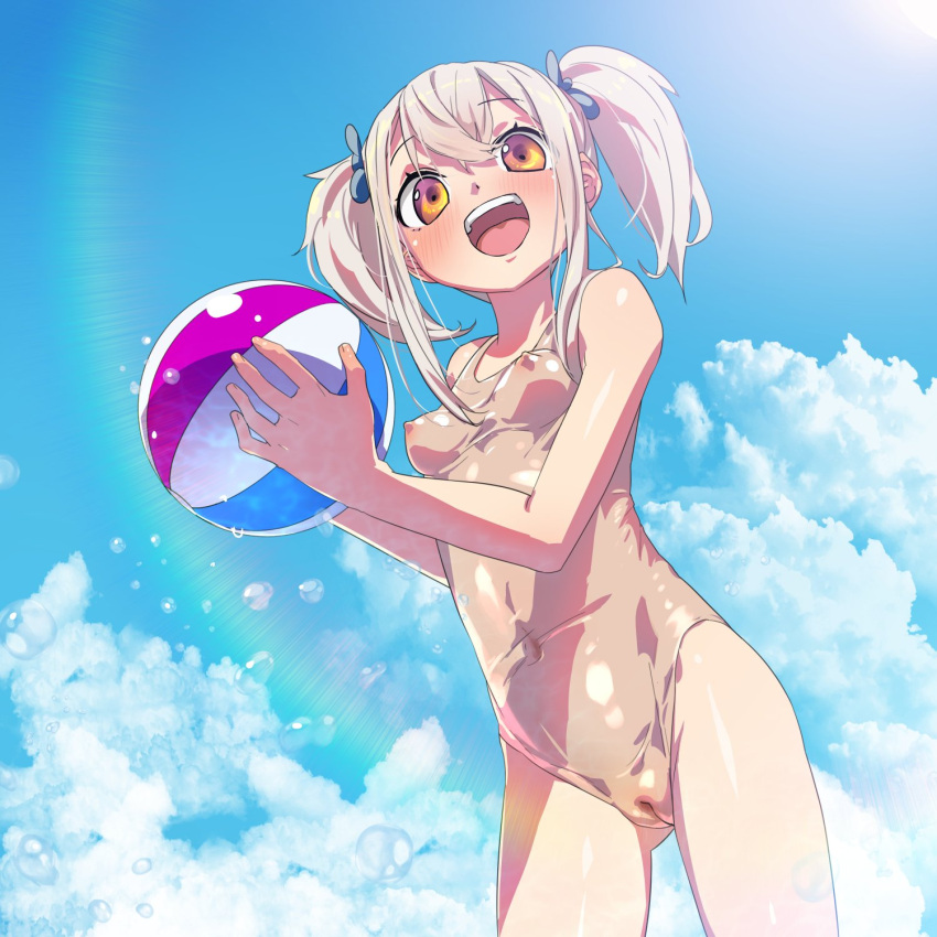 :d ball bangs beachball blue_sky blush breasts brown_eyes cloud cloudy_sky day female highres holding holding_ball holding_beachball innie_pussy looking_at_viewer navel nipples one-piece_swimsuit original pussy see-through_swimsuit shiny_swimsuit sky small_breasts smile solo sunlight swimsuit thighs twintails uncensored water_drop wet wet_lens white_hair yamada_(gotyui) young