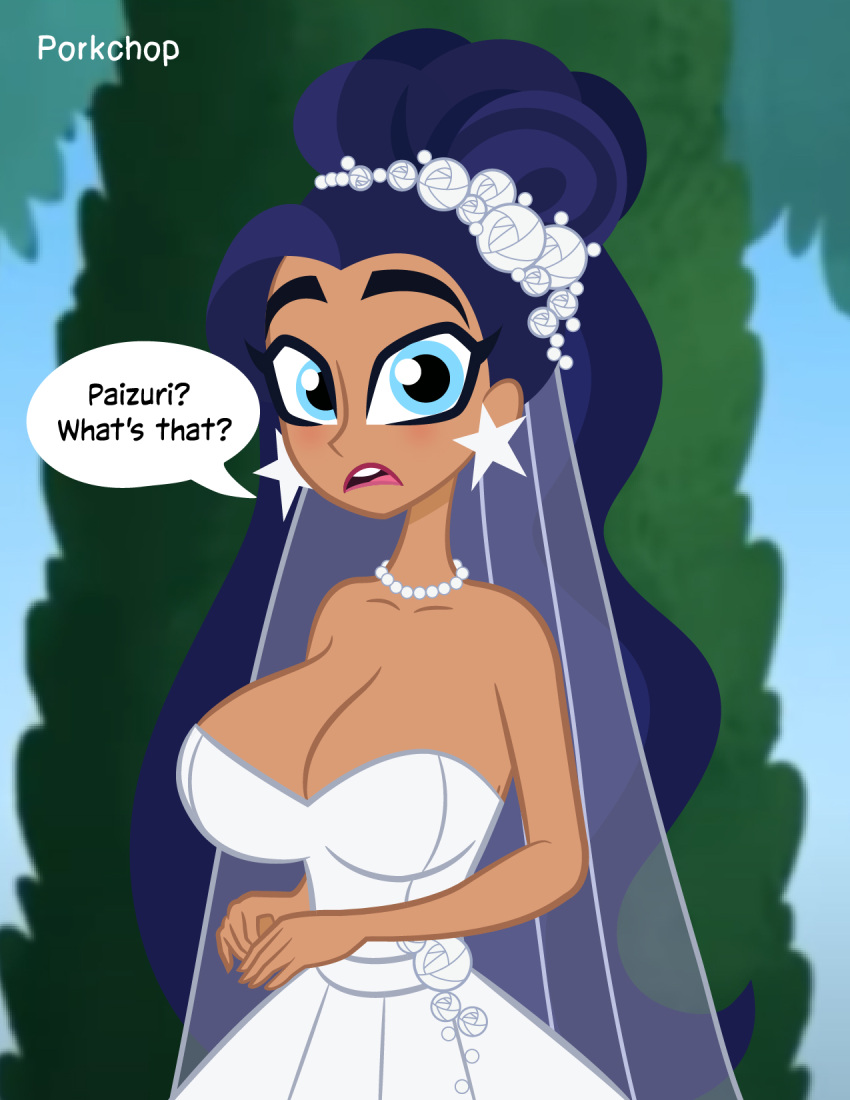 1girls 2023 amazon big_breasts blue_eyes blush bride cleavage dark-skinned_female dark_blue_hair dc_comics dc_super_hero_girls dialogue diana_prince female female_only imminent_paizuri large_breasts porkchop_(artist) solo speech_bubble star_earrings wedding wedding_dress wonder_woman wonder_woman_(series)