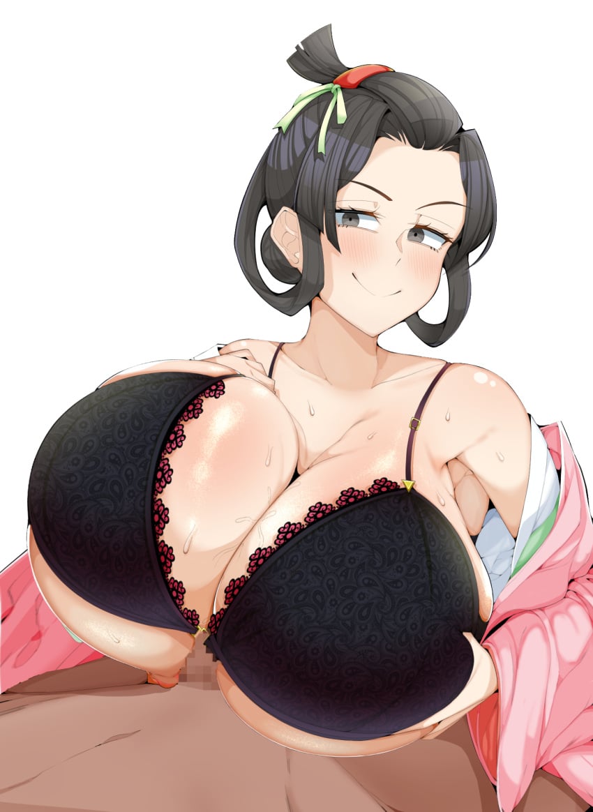 1boy 1girls alternate_breast_size alternate_version_at_source alternate_version_available asian asian_female big_breasts black_bra black_hair blush bra breast_expansion breast_grab breast_hold breasts color dai_gyakuten_saiban engulfing_paizuri female gigantic_breasts gyakuten_saiban happy_sex huge_breasts large_breasts looking_at_partner male mosaic_censoring paizuri paizuri_lead_by_female paizuri_on_lap shiny_skin smile smug straight susato_mikotoba sweat tero_(o11q) the_great_ace_attorney third-party_edit