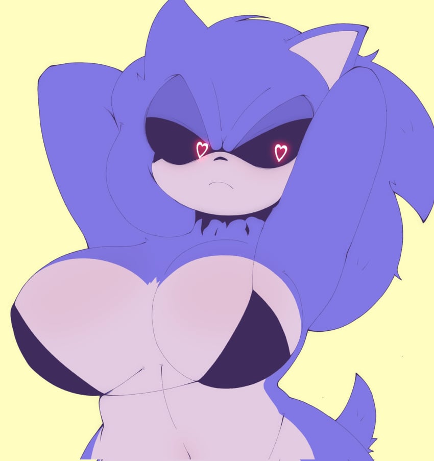 anthro armpits arms_up bikini bikini_top black_bikini blue_body blue_fur exe_(revie) faker_(revie) fakussy female furry furry_female glaring heart-shaped_pupils hedgehog huge_breasts lidded_eyes navel sega sonic.exe sonic.exe_(series) sonic_(series) sonic_the_hedgehog sonic_the_hedgehog_(series) sonique_the_hedgehog twhattup