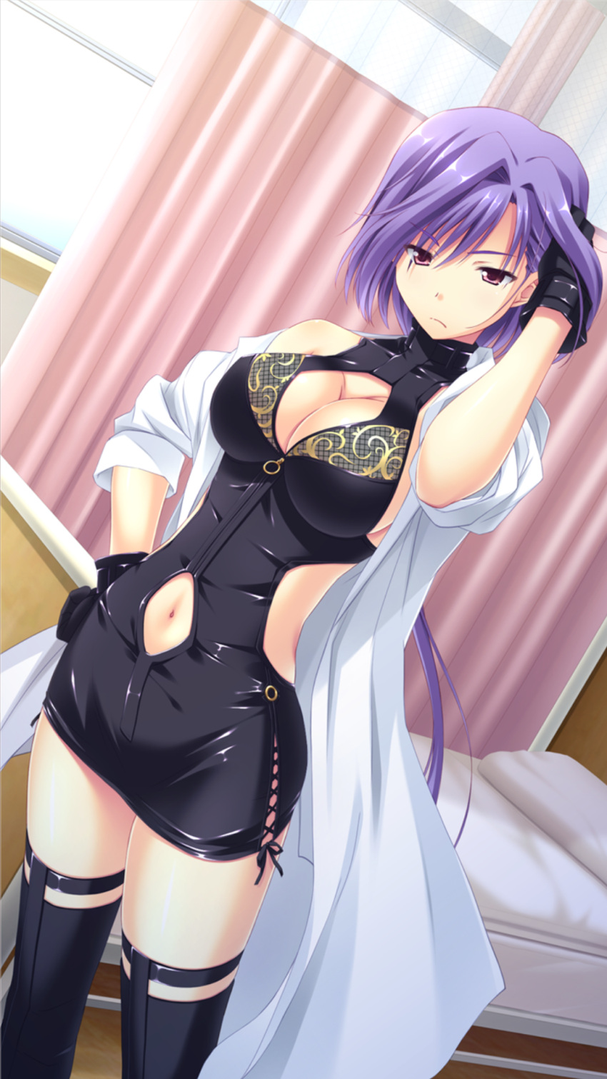 1girls bed big_breasts boots breasts cleavage cleavage_cutout clothing_cutout female game_cg gloves gouji_sakura hand_on_hip hatsujou_switch hospital_bed labcoat large_breasts midriff_peek navel navel_cutout purple_hair red_eyes short_skirt sideboob solo stockings tamahiyo thigh_boots thighhighs tight_clothing tight_fit